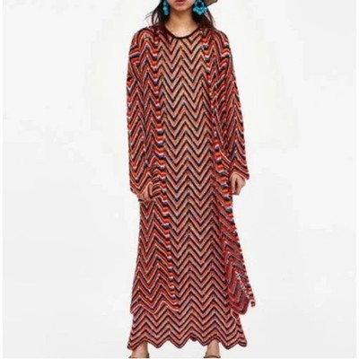 Zara Knit Duster Cardigan Long Chevron Multicolor Zig Zag Linen Crochet Retro S