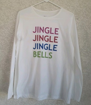 Womens Holiday White Round  Neck Long Sleeve T Shirt Jingle Bells Sz Medium