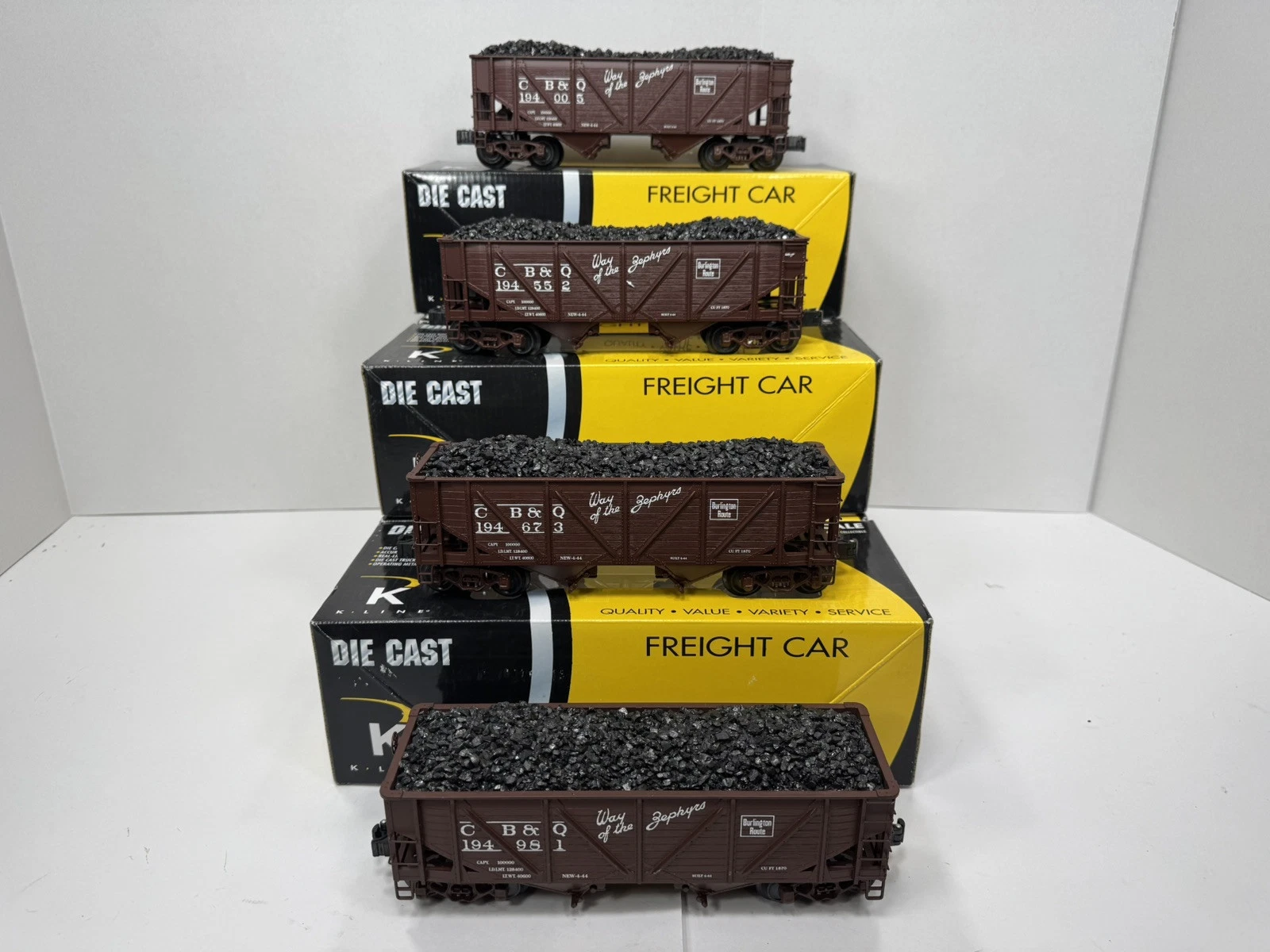  conjunto de tremonha fundida k-line cb&q burlington 2 compartimentos 4 carros ex 