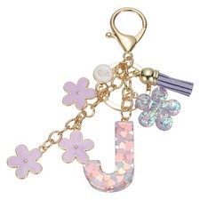 Alphabet J Tassel Cherry Blossom Initial Letter Keychain Purple, Pack of 1 