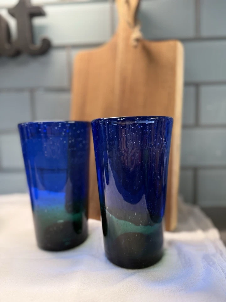 Мексиканские стеклянные стаканы ручной работы из переработанного стекла: кобальтовый синий и зеленый пузырьки лот 5 шт. - Изображение 2 из 4