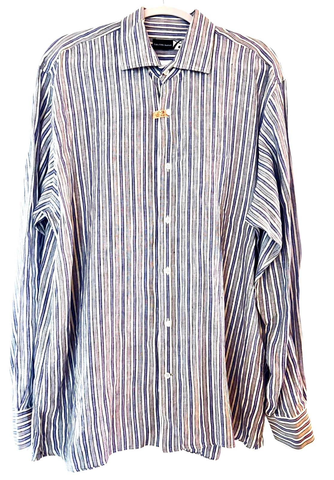 SAKS FIFTH AVENUE PURPLE WHITE STRIPE LINEN SHIRT, BUTTON-UP, SPREAD COLLAR, XXL