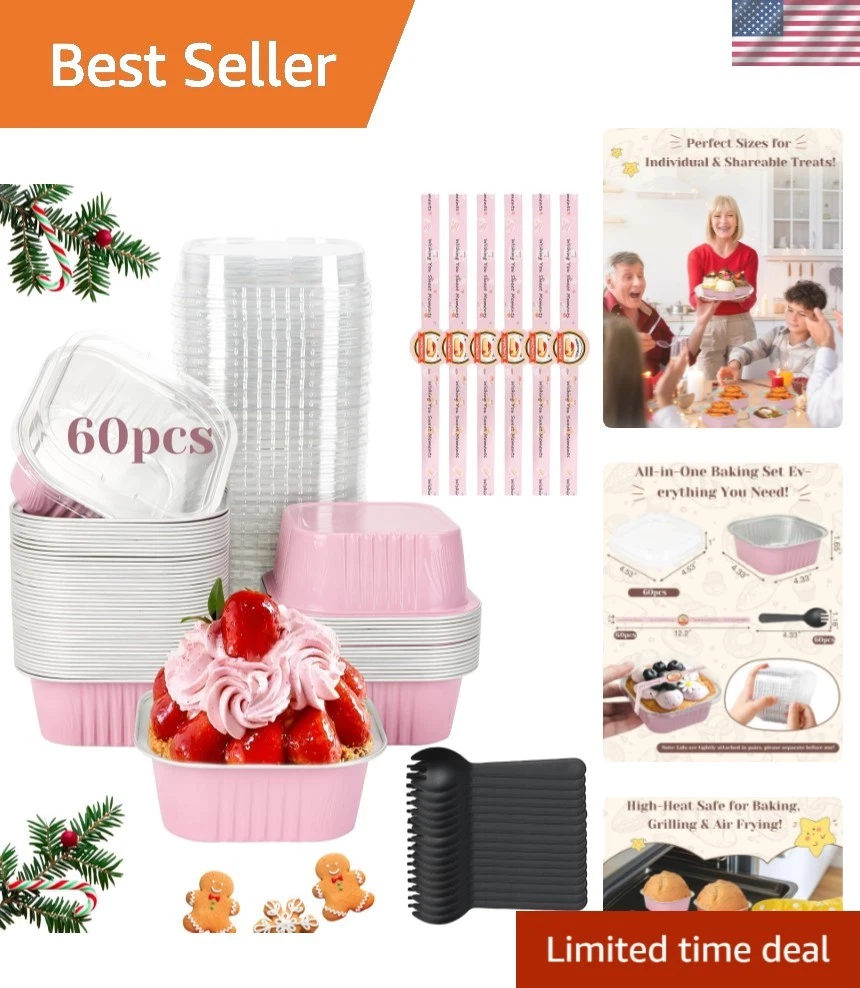 60 Pack 10oz Mini Cake Pans with Lids, Spoons, Stickers - Disposable Square B...