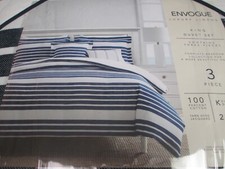 ENVOGUE 3pc Cotton Yarn Dyed Jacquard Navy Blue Iovry Striped Duvet Set - King