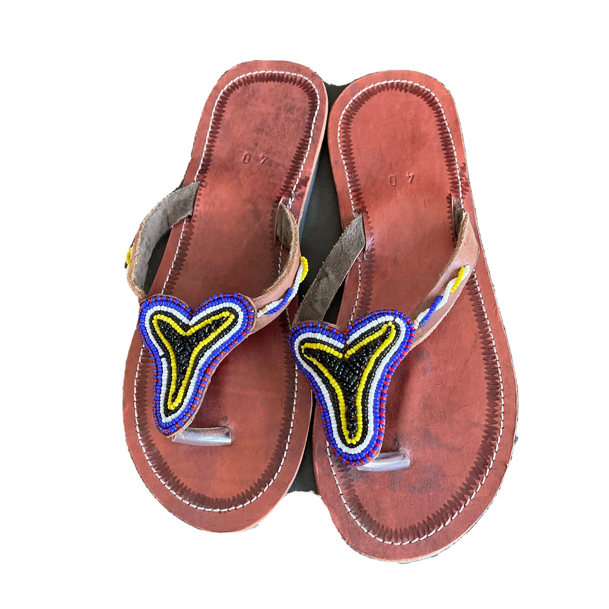 African Leather Sandals Masai Handcrafted Beaded Womens EU Size 40 US 9