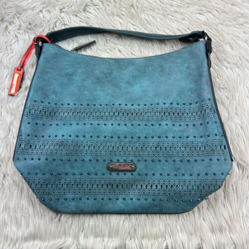 Nicole Lee USA Faux Leather Studded Slouchy Shoulder Bag Teal Blue - Picture 1 of 11
