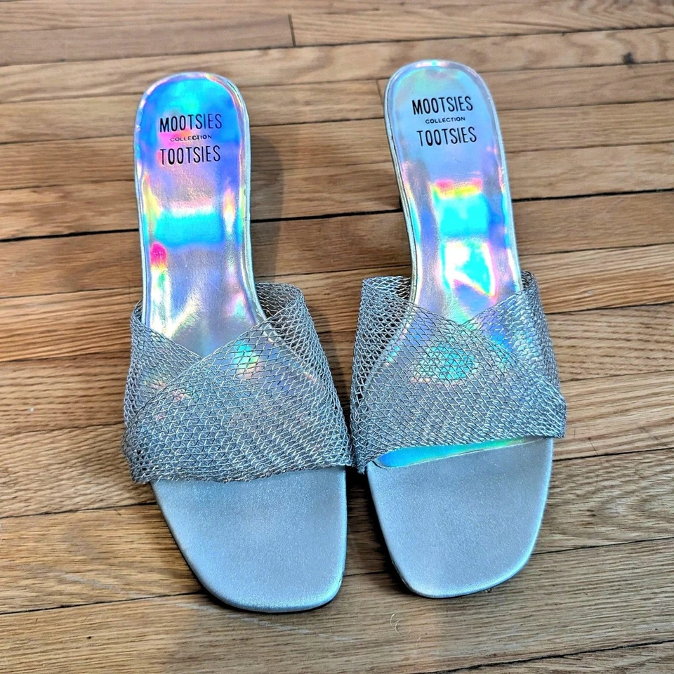 Vintage Silver Mules 90s Mootsies Tootsie Sandals Holographic Formal Rainbow 8 - Image 2 of 4