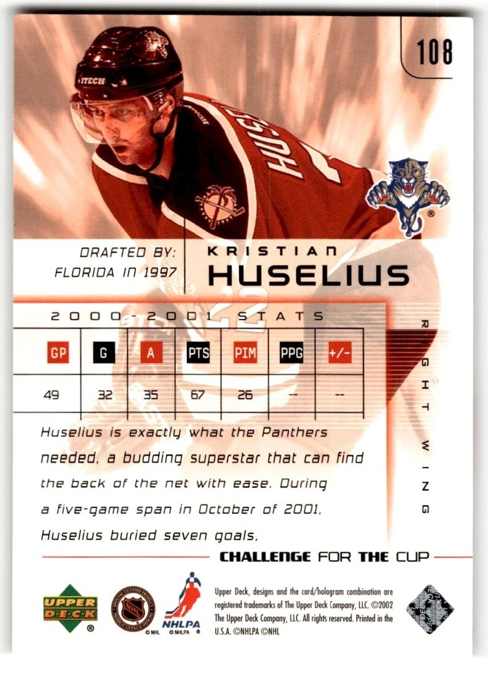 2001-02 Upper Deck Challenge for the Cup Kristian Huselius Rookie /1000 #108 - Image 2 of 2