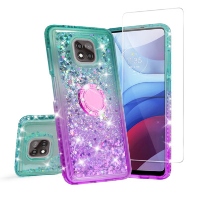Motorola Moto G Power 2021 Case Liquid Glitter Bling with Temper Glass Protector
