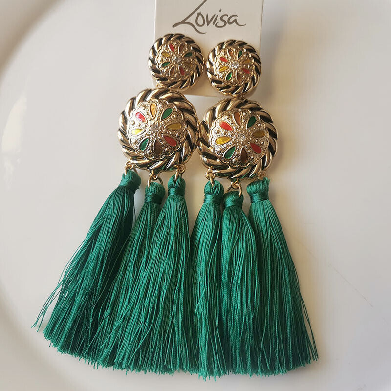 Lovisa Earrings with feathers, stones, and tassel drop