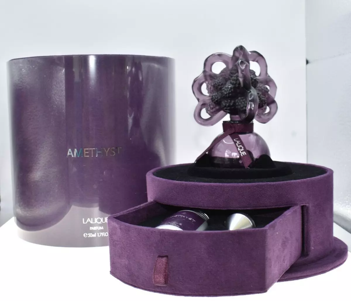 Vintage NIB AMETHYST LALIQUE FRANCE Crystal Glass Purple Perfume Bottle Flacon