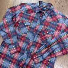 Vintage Wrangler Shirt Mens XL Colorful Plaid Pearl Snap Western Cowboy Pockets