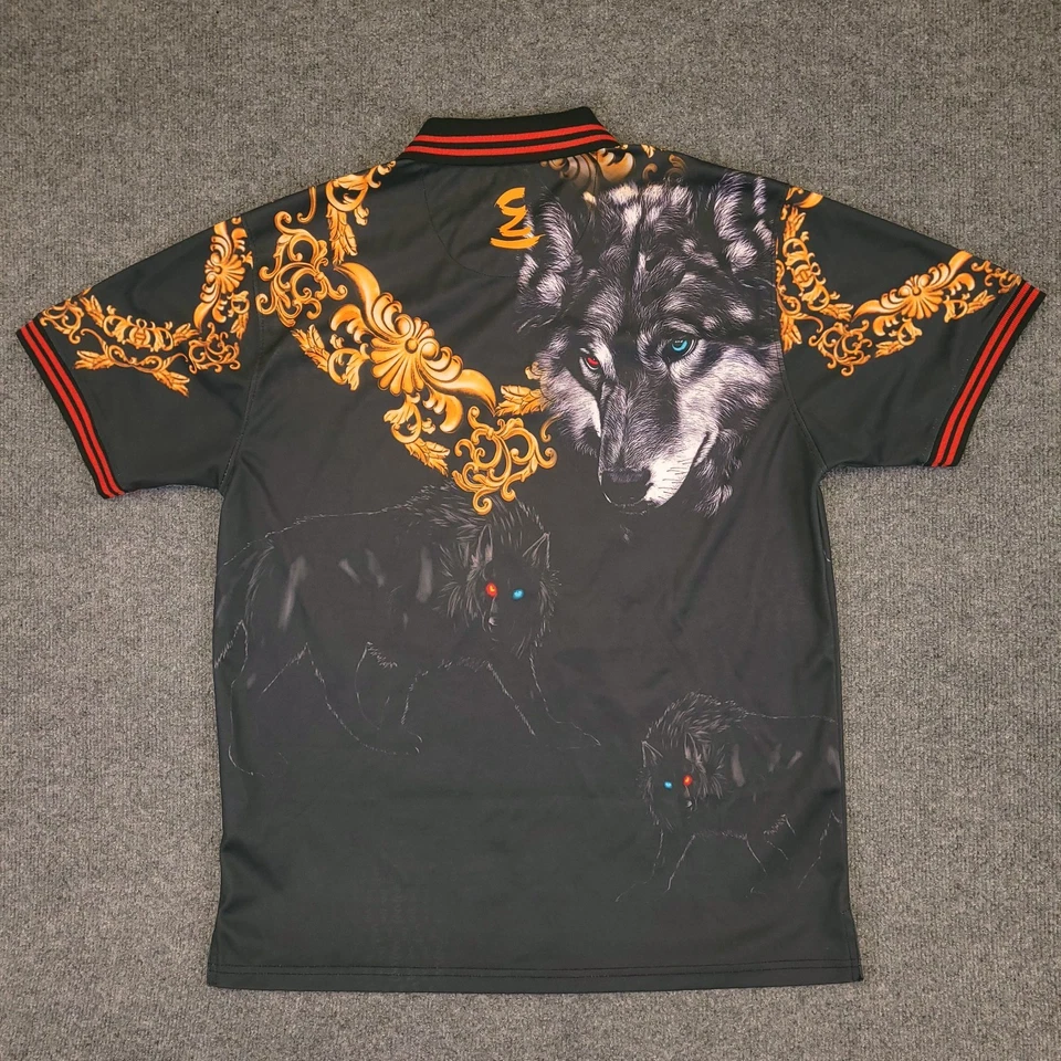 Polo Elite Para Hombre XL Negro Barroco Lobo Gráfico Rojo Azul Ojos Estilo Gótico Foto 3 de 4