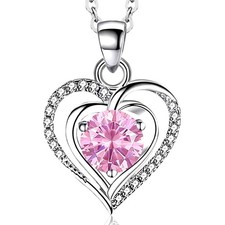 Heart Birthstone Pendant Necklace for Women Sterling Silver Zirconia Birthday...