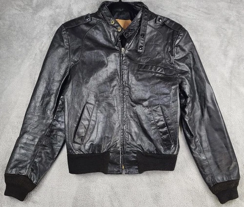 Gino Leathers Leather Jacket Mens 44 Black Bomber Zip Front Rib Knit Epaulettes - product listing photo