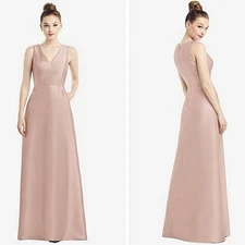 NWT Alfred Sung Sleeveless V-Neck Satin Maxi Dress Gown Cocktail Pockets D778