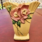 VTG MCCOY WILD ROSE VASE CERAMIC PALE YELLOW GLAZE RAISED PINK FLOWERS