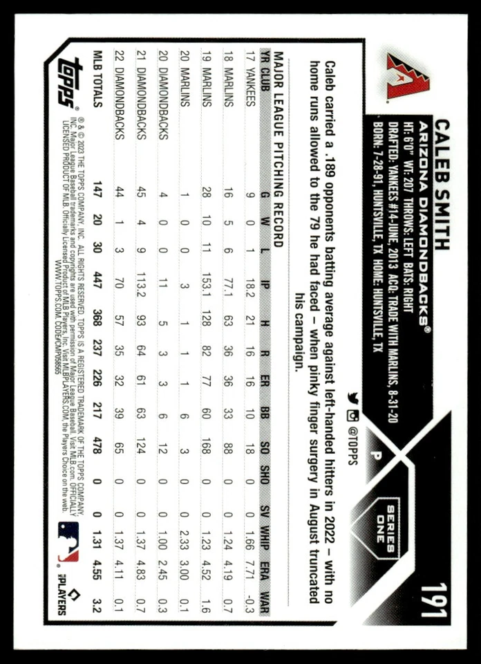 2023 TOPPS SILVER FOIL Caleb Smith Arizona Diamondbacks #191 - Image 2 of 2