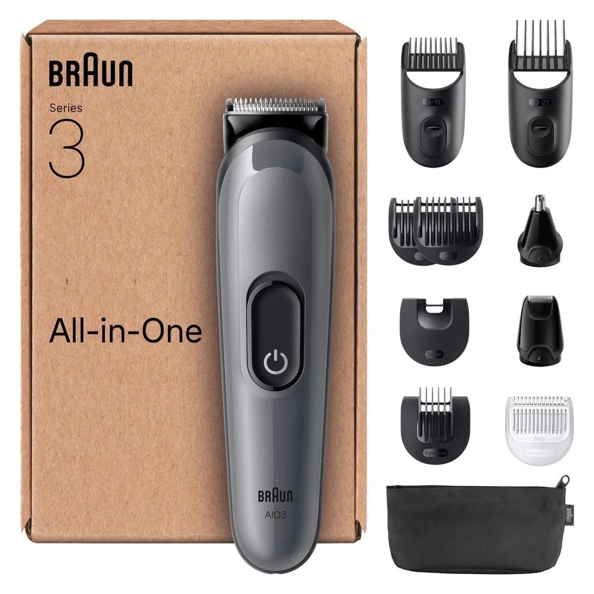 Braun Series 3 All-in-One Trimmer for Men, 11-in-1, AIO3565, Grey | Beard, Face, Hair, Body & Nose Grooming Kit, Ultra Sharp Blade, 14 Length Settings, Washable Heads, 50 min Cordless Use - Image 2