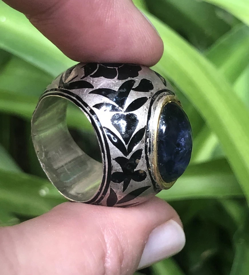 Anillo MUGHAL MOGUL meenakari GRANDE esmalte plata oro + piedra iolita azul Foto 4 de 4