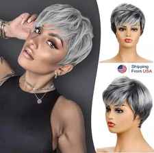 Womens Short Grey Wig Layered Pixie Hair Wig Synthetic Heat Resistant Daily Use