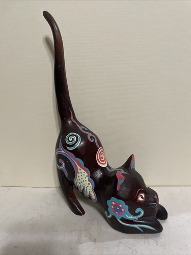 Hand Carved Folk Art Wood Long Tail CAT Brown  Hand Painted Figurine - Picture 5 of 12