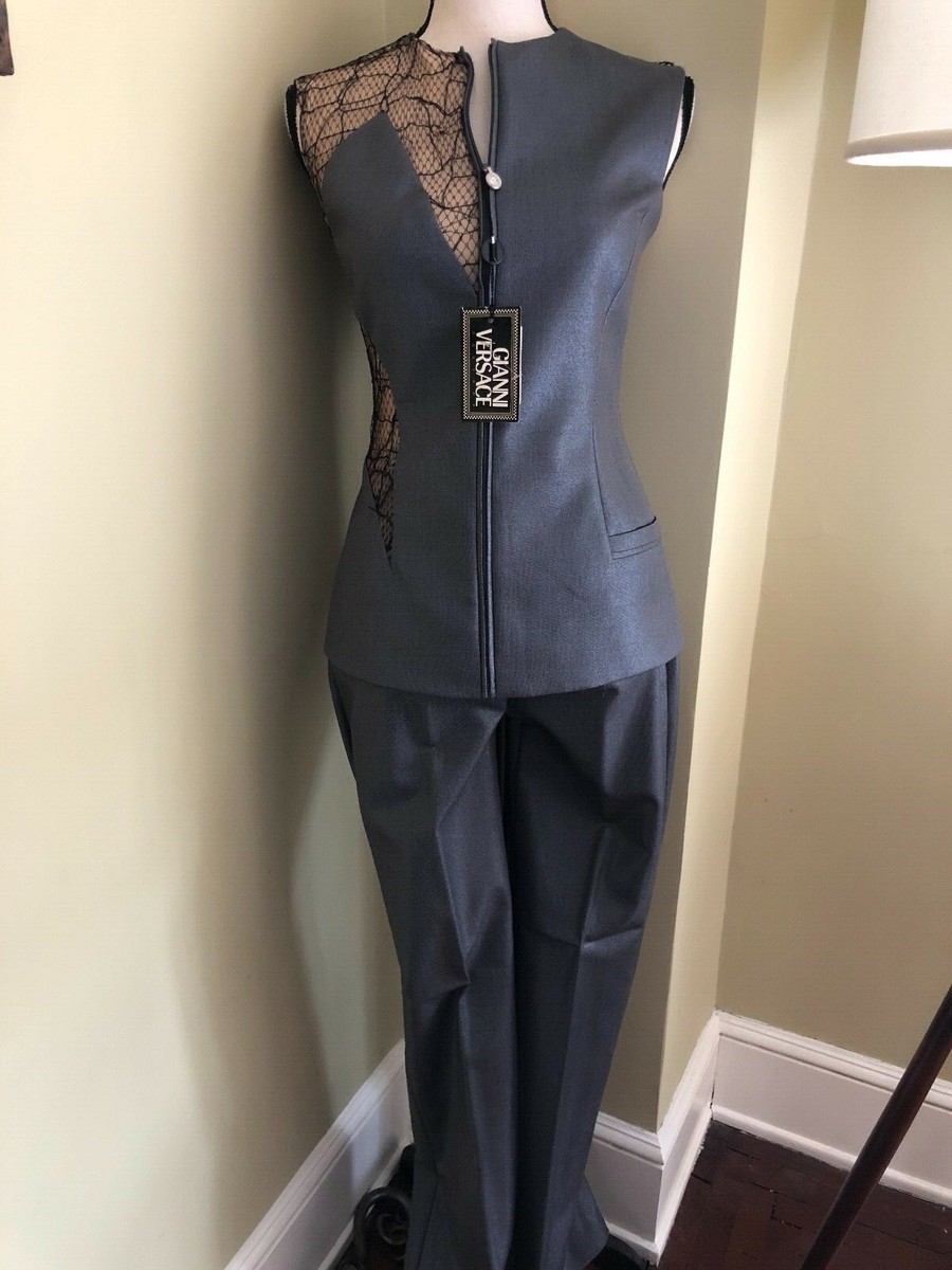 NWT RARE GIANNI VERSACE COUTURE GREY METALLIC MESH PANT SUIT (Size