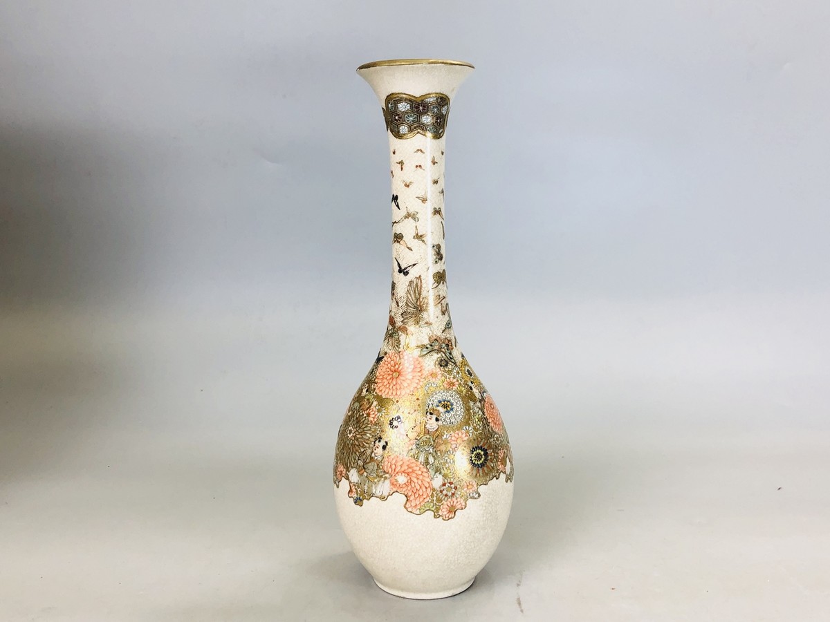 Y6067 FLOWER VASE Satsuma-ware color picture box Japan ikebana