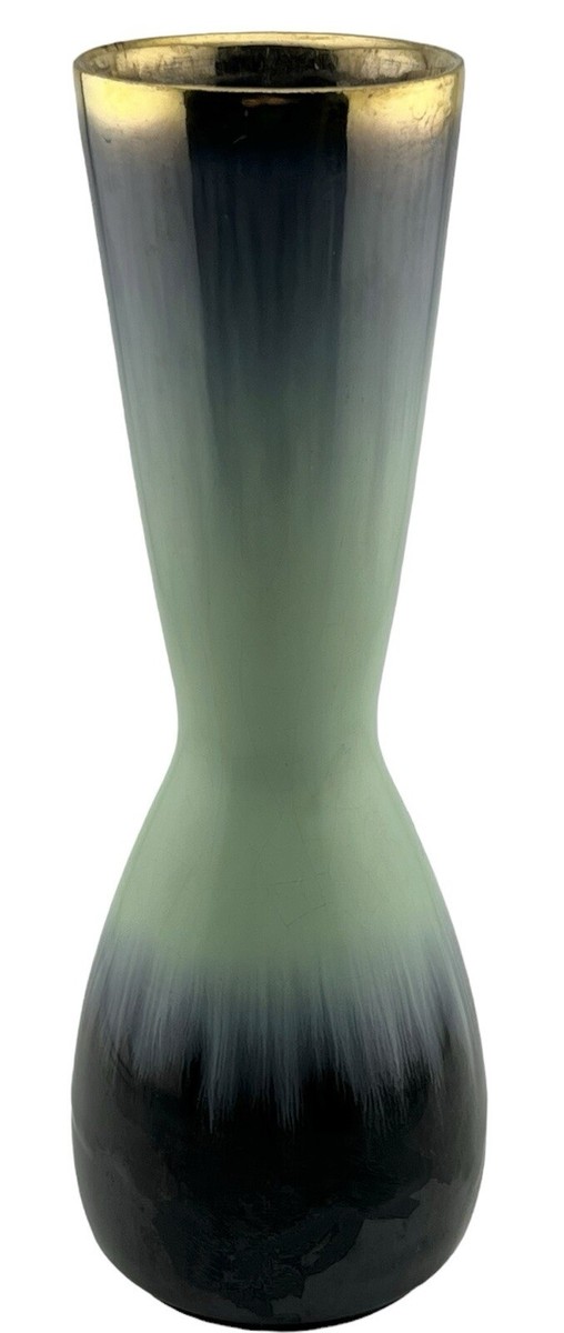 Vintage West Germany Vase Turquoise & Black Drip Glaze Gold Rim 8