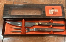 ST. REGIS ROSEWOOD HANDLE CARVING SET FORK STAINLESS SERRATED KNIFE UNUSED BOX