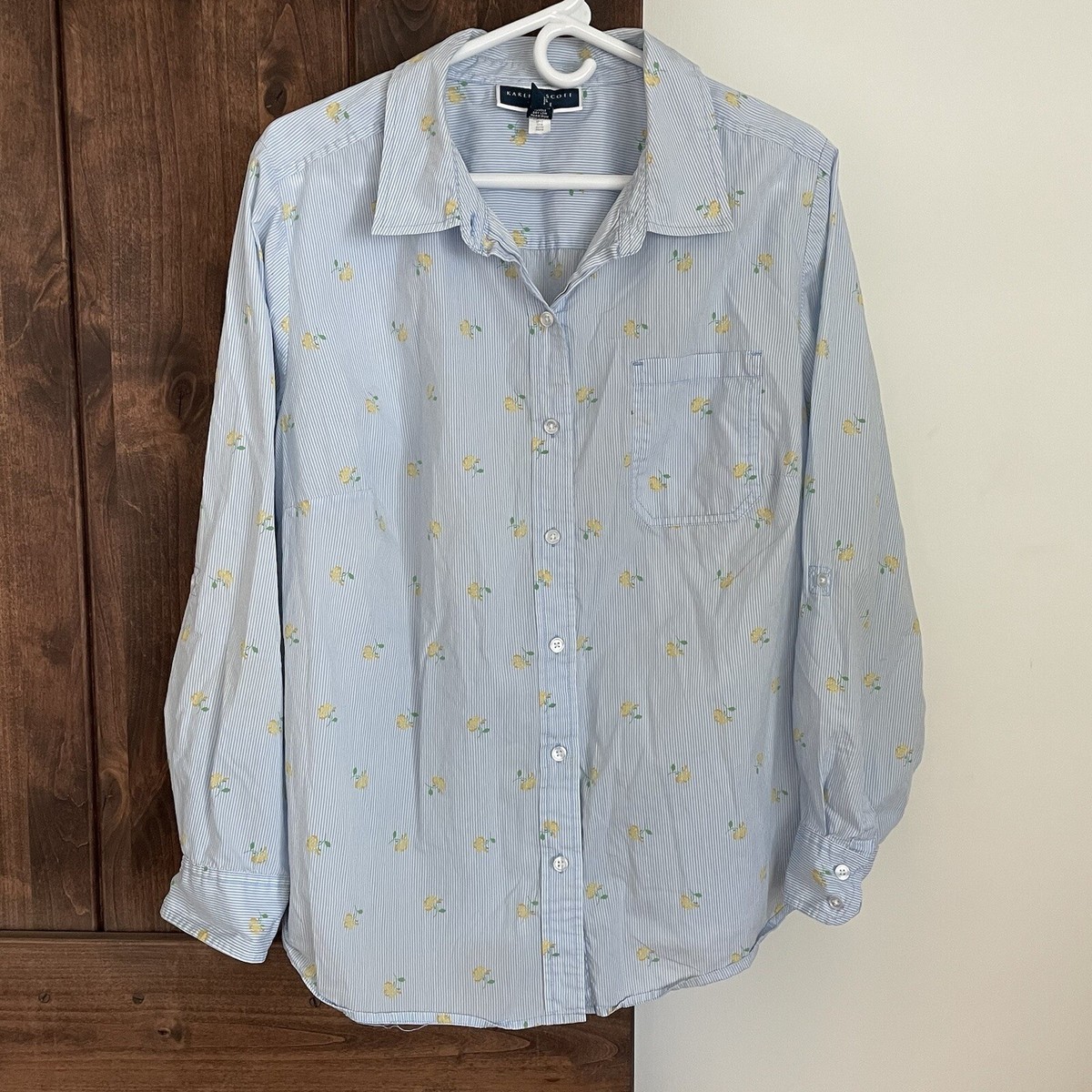 Karen Scott Top Womens 2X Floral Blue Stripe Button Down
