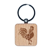 Rooster Strutting Farm Animal Chicken Engraved Wood Square Keychain Tag Charm