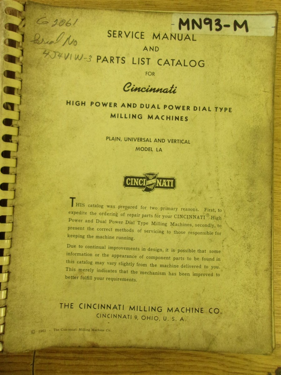 Cincinnati Milling Machine Service Manual Parts List Catalog Model