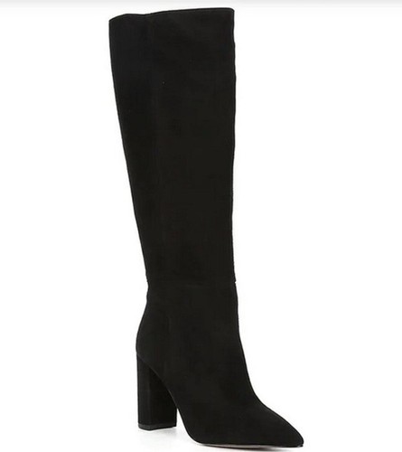 Black Suede Tall Shaft Block Heel Boots 