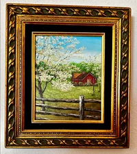 Original Oil Painting  "Juanita" 15" x 13" Red Cottage w/ Cherry Blossoms SIGNED