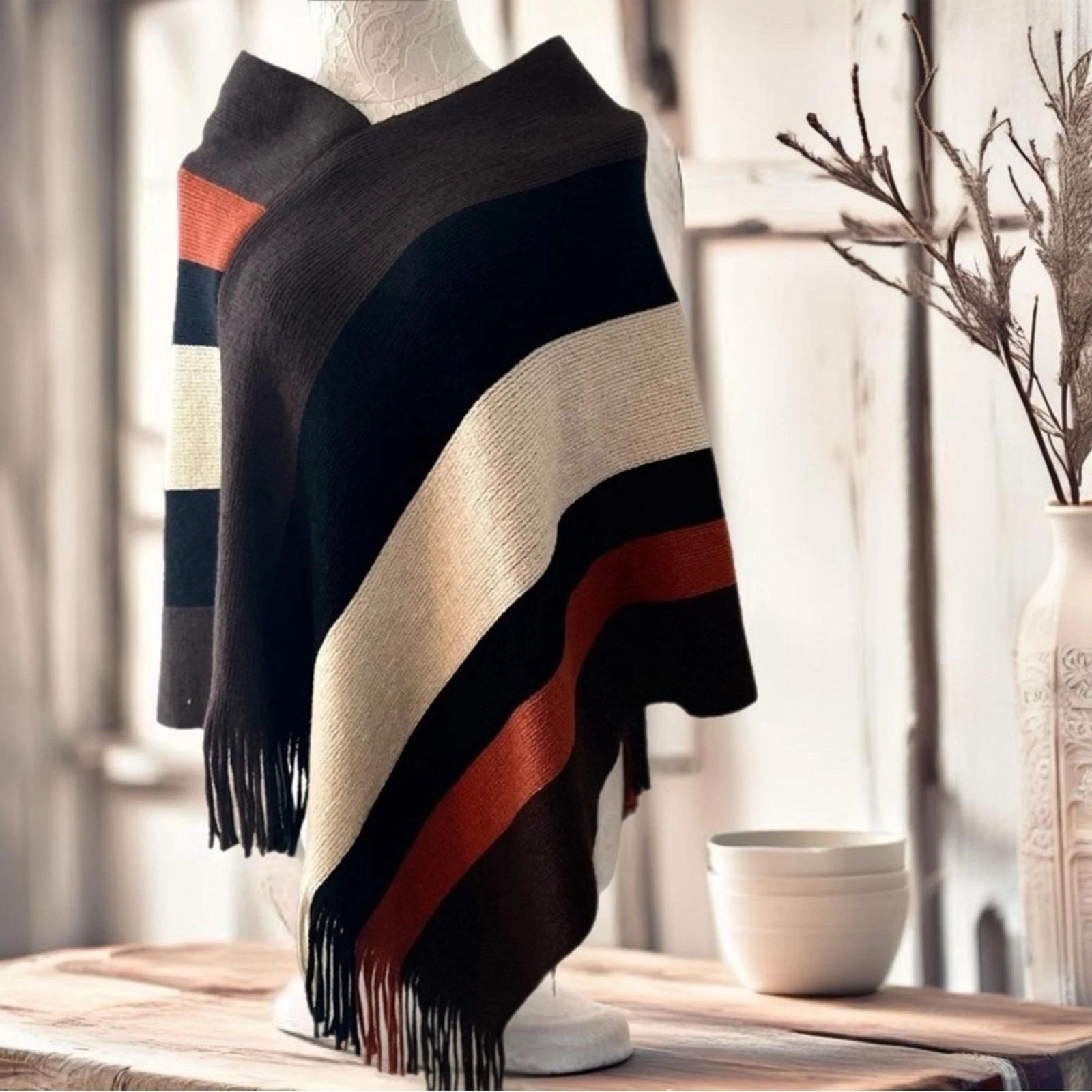 Brown and rust sweater poncho with fringe, women’s one size fits all​