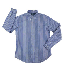 Ralph Lauren Custom Fit Button Up Shirt Men's Large Blue Stripe Long Sleeve