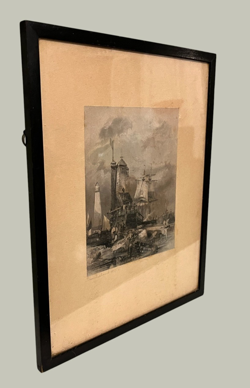 1837 Sunderland Lighthouse South Pier Etching Print Antique Framed 29cm image 2