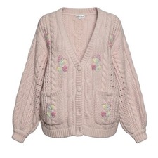 For Love  Lemons Amaryllis Cable Knit Embroidered Floral Cardigan Sweater XS