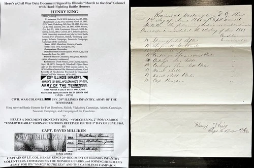 CIVIL WAR MARCH to SEA HERO COLONEL 20th IL INFANTRY KING DOCUMENT SIGNED 1865