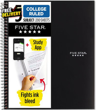 5-Subject Spiral Notebook 8.5x11 College Ruled 200 Sheets Water-Resistant Black