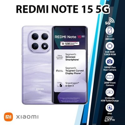 Xiaomi Redmi Note 15 5G Android Cell Phone (6GB+128GB/PURPLE/Dual SIM/Unlocked)