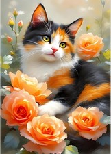 DIY 5D Colorful Cat Diamond Art Kits, Round Full Drill Flowers Diamond Painting