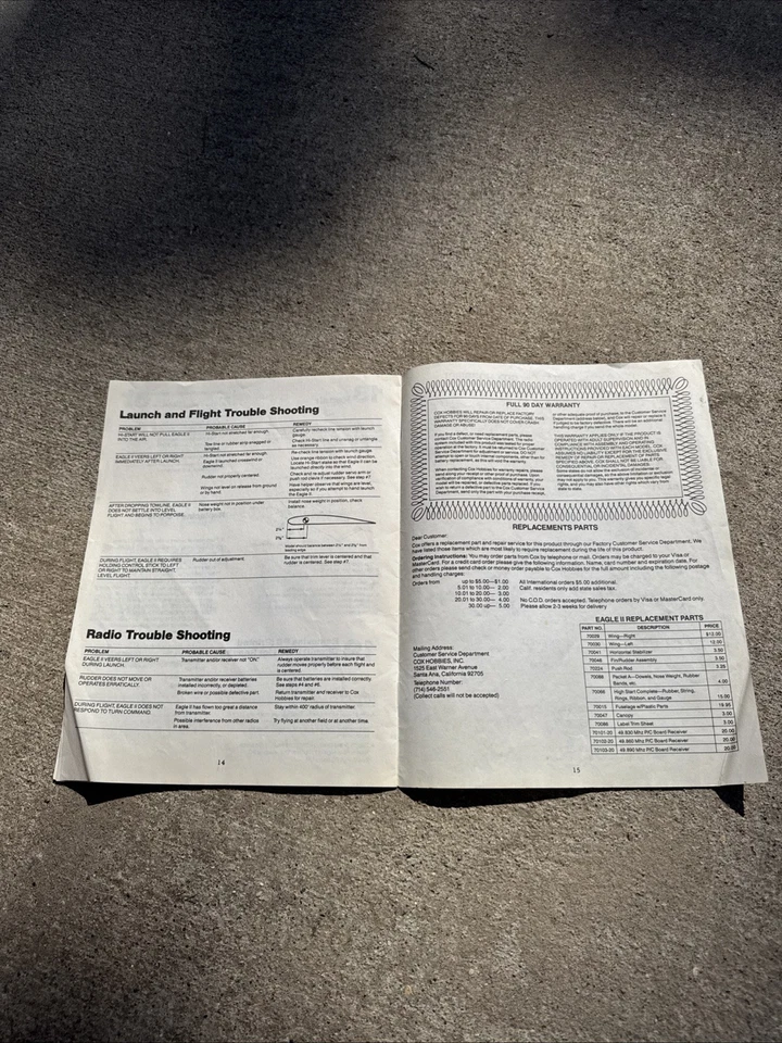 VTG 1985 Cox American Eagle 2 Radio Controlled Sailplane Operating Instructions - Image 4 of 4