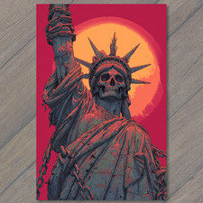 POSTCARD Statue Liberty Skull Chains Red Sky Orange Moon Dystopian Horror
