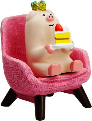 Cute Pig Figurine Eating Cake on Pink Sofa, Mini Resin Piglet Statue for Easter