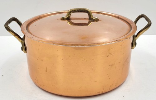 Vintage 20cm Stamped FRENCH COPPER CASSEROLE STOCK STEW POT PAN Brass Handles - Picture 4 of 14