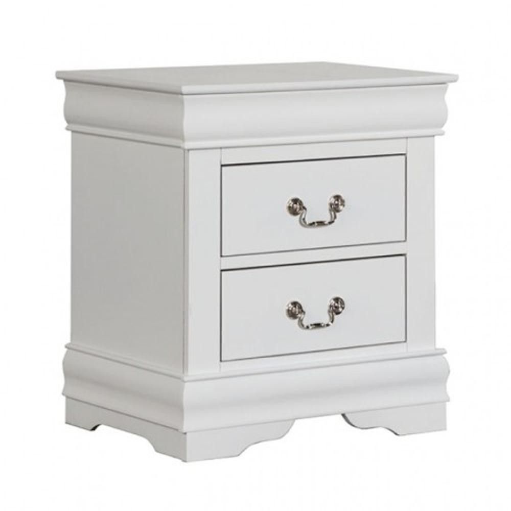 1pc White Transitional Nightstand with Antique Nickel Hanging Pulls, Solid Wood Construction