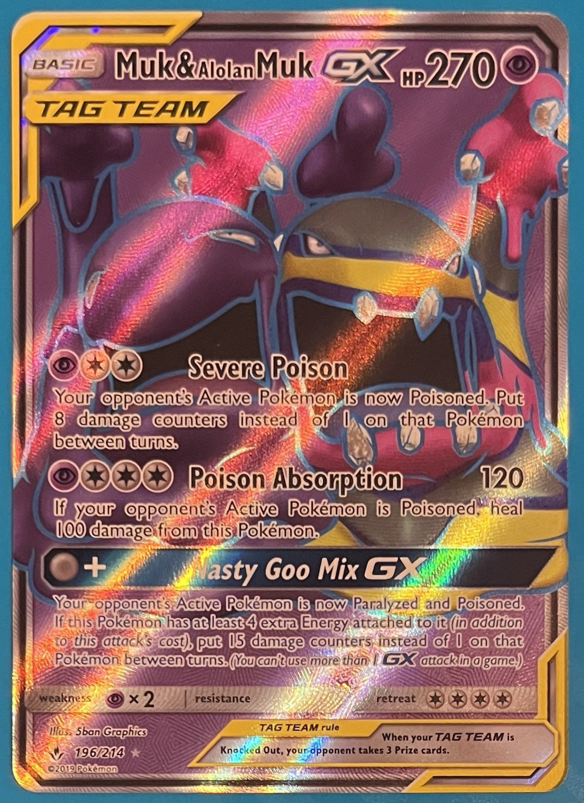 Muk & Alolan Muk GX Full Art Holo Card 196/214 Sm-Unbroken Bonds Ultra Rare