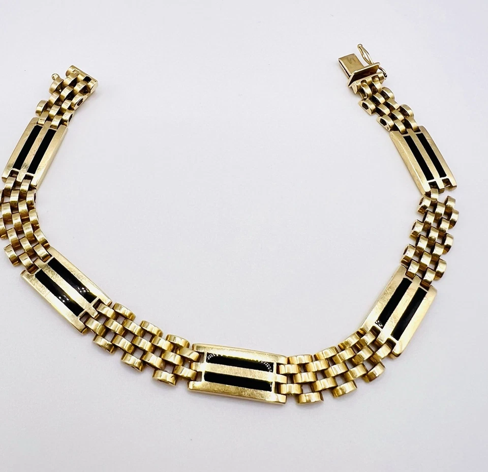 Pulseira masculina de ouro 14K com incrustação de ônix de duas fileiras 8,5 polegadas de comprimento peso 30 gramas - Imagem 3 de 4